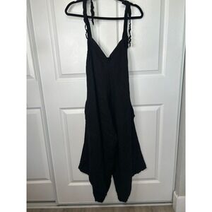 Love & Light Gypsy Black Linen Jumpsuit Tie Strap Pockets Bohemian One Size